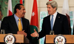 Qatar’s premier Sheikh Hamad bin Jassim al-Thani (right) in Washington with US Secretary of State John Kerry