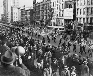 The German American Bund parade on NYC’s East 86th St. on October 30, 1939. Note the SS-like uniforms and Third Reich and Bund flags ahead of the American ones